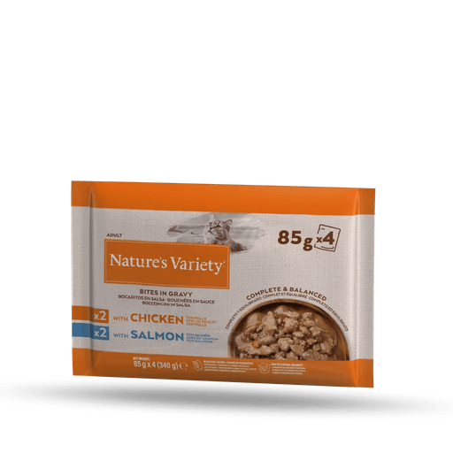 Nature's Variety Bites in Gravy with Chicken or Salmon Adult Dry Cat Food 4 x 85g